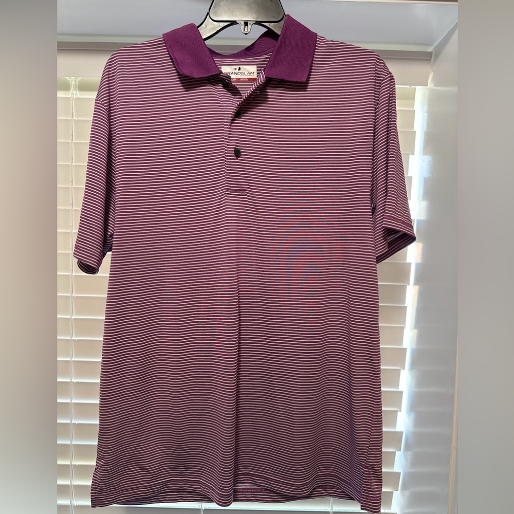 Men’s Grandslam Performance Golf Shirt Size Medium Color Purple/white Stripe